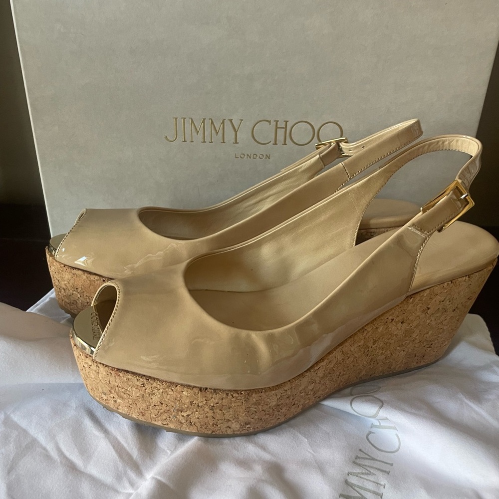 Jimmy Choo Praise Nude Patent Cork Wedge Heel Slingback Pumps Sz 7.5 box… - Picture 5 of 8